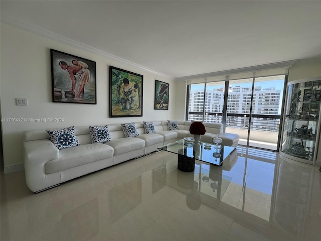 tiled living room featuring a wall of windows and ornamental molding