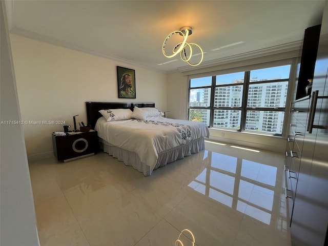 bedroom featuring tile patterned floors and ornamental molding