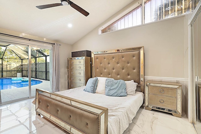 bedroom with access to exterior, ceiling fan, and lofted ceiling