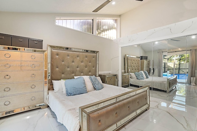 bedroom featuring access to outside, ceiling fan, and high vaulted ceiling