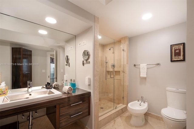 bathroom with a bidet, an enclosed shower, tile patterned floors, and toilet