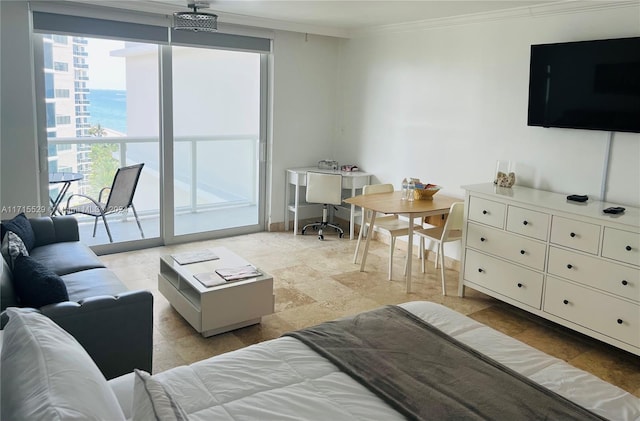 living room featuring a water view, a wealth of natural light, and crown molding