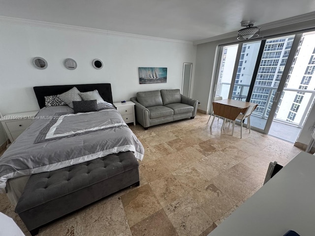 19201 Collins Ave Unit 1017, Sunny Isles Beach, FL 33160 - bedroom featuring crown molding, stone tile floors, and access to exterior
