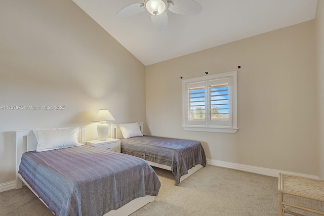 carpeted bedroom featuring ceiling fan and lofted ceiling