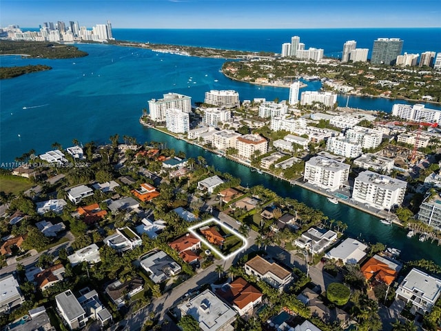 bird's eye view with a water view