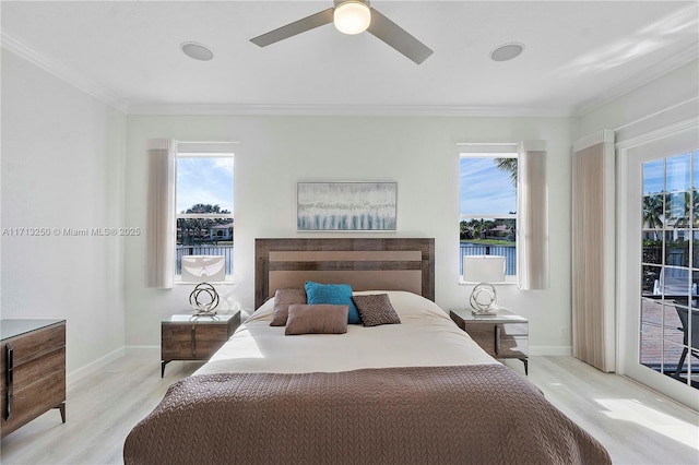 bedroom featuring ceiling fan, access to exterior, ornamental molding, and light hardwood / wood-style flooring