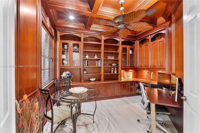 home office featuring crown molding, wood walls, wooden ceiling, beam ceiling, and coffered ceiling