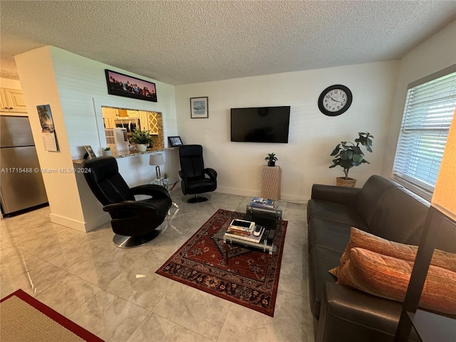 living room with a textured ceiling