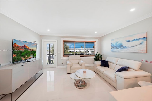 tiled living room featuring crown molding