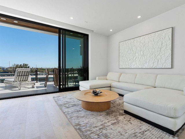 living room with floor to ceiling windows and light hardwood / wood-style floors