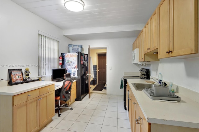 kitchen with light brown cabinets, black fridge, electric stove, and light tile patterned flooring