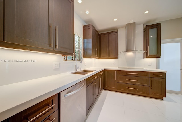 kitchen with cooktop, wall chimney range hood, sink, dishwasher, and light tile patterned flooring