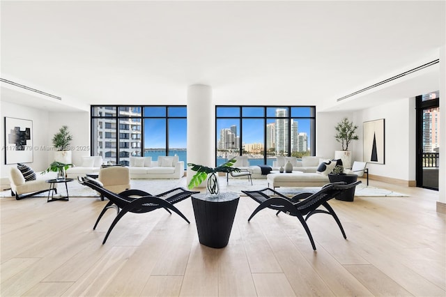 living room with light hardwood / wood-style flooring and expansive windows