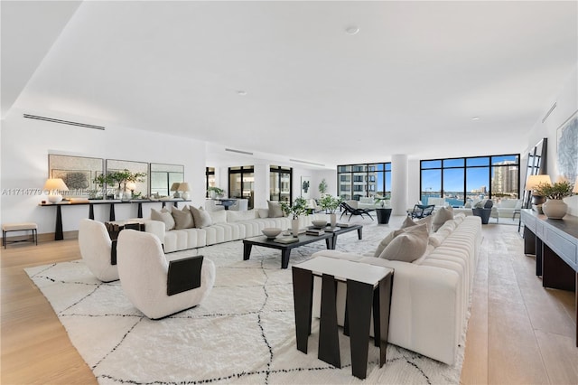 living room with expansive windows, light hardwood / wood-style flooring, and a healthy amount of sunlight