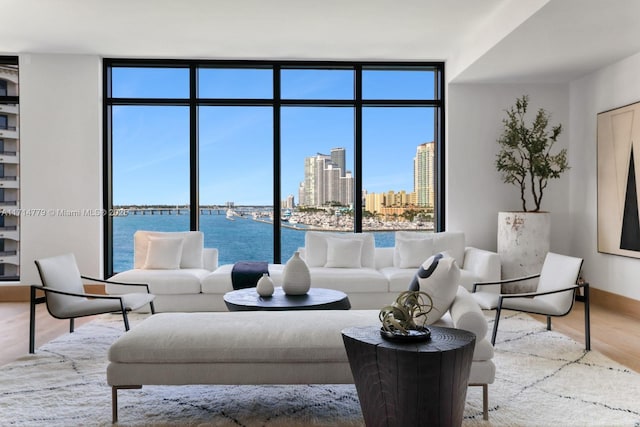 living area featuring expansive windows, a city view, and wood finished floors