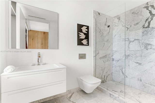 full bathroom featuring toilet, marble finish floor, a marble finish shower, and vanity