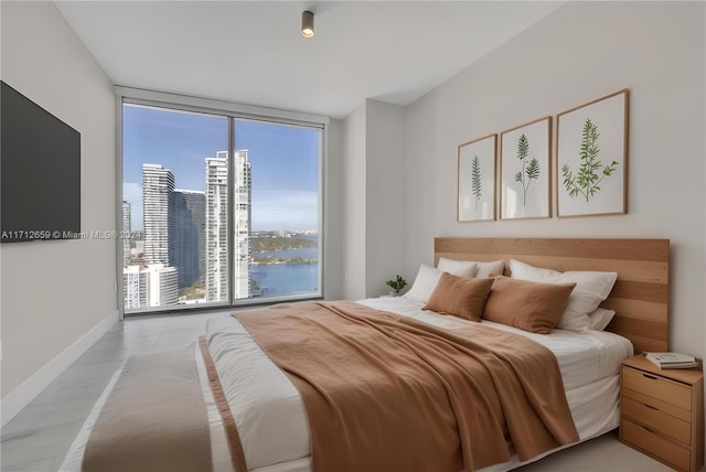 bedroom featuring floor to ceiling windows, a water view, and multiple windows