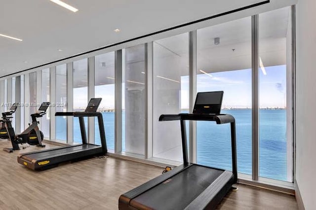 workout area with hardwood / wood-style floors, a water view, and a wall of windows