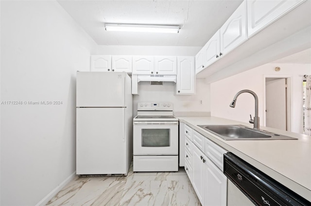 kitchen featuring white cabinets, white appliances, and sink