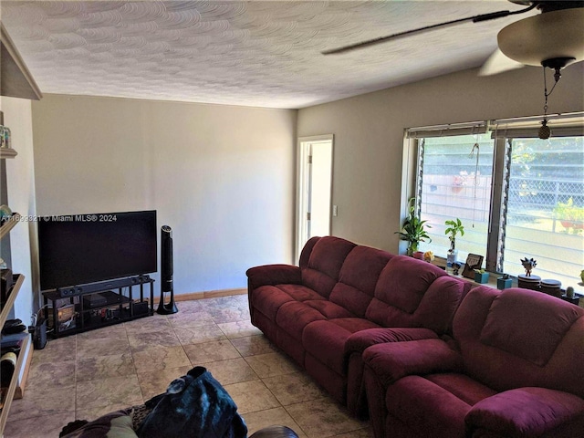 living room featuring a textured ceiling