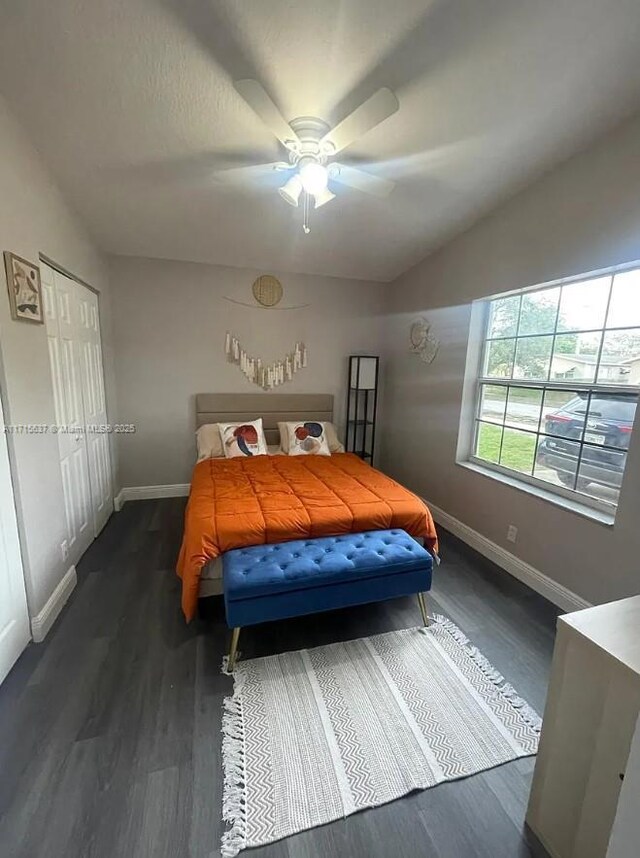 bedroom featuring ceiling fan, dark hardwood / wood-style flooring, and vaulted ceiling