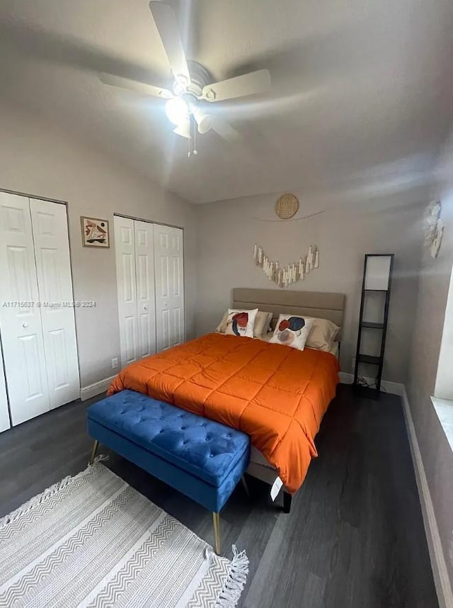 bedroom with ceiling fan and dark hardwood / wood-style flooring