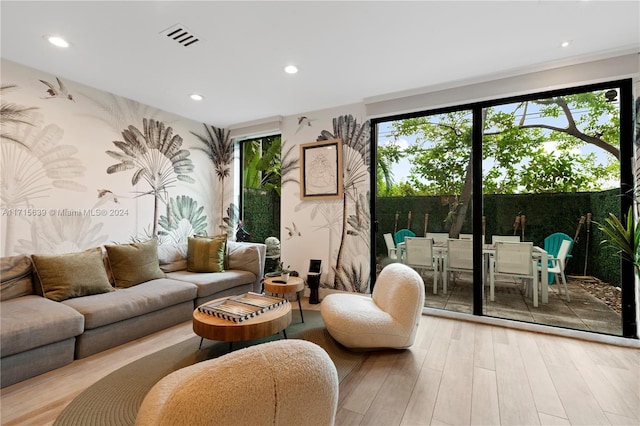 living room with light wood-type flooring and a wealth of natural light