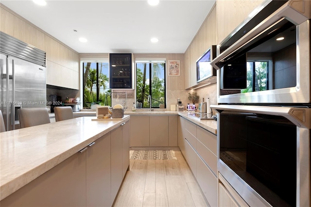 kitchen with light wood-type flooring, stainless steel appliances, plenty of natural light, and sink