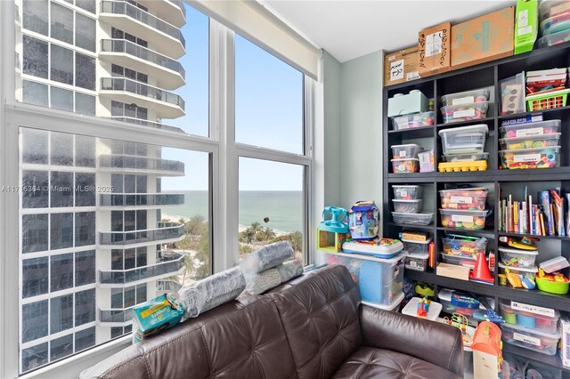 living area with a water view