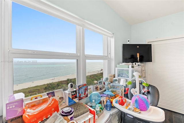 playroom featuring hardwood / wood-style floors and a view of the beach