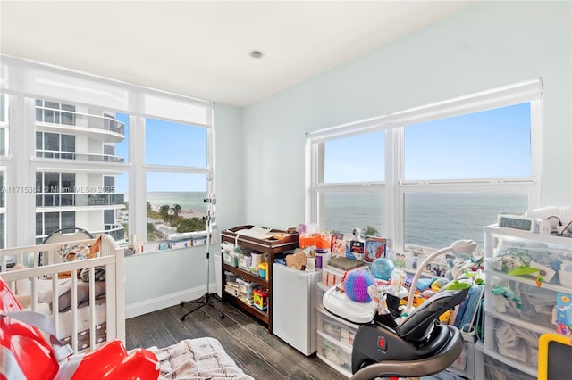 game room featuring a water view and dark hardwood / wood-style floors