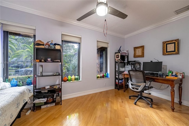 office space with ceiling fan, light wood-type flooring, ornamental molding, and a wealth of natural light