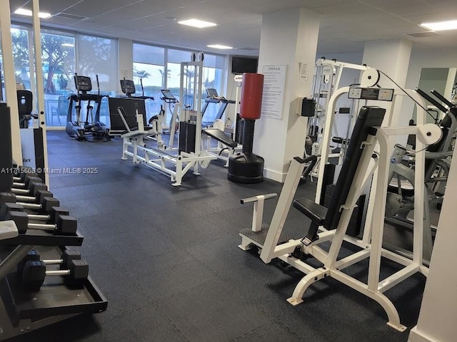 gym featuring floor to ceiling windows and baseboards