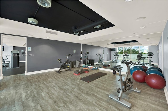 workout area featuring a raised ceiling and wood-type flooring