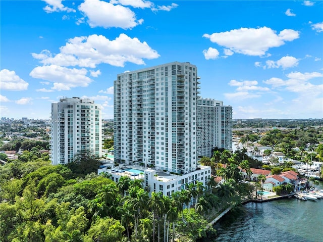 birds eye view of property featuring a water view