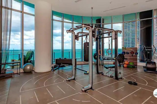 workout area with expansive windows, a water view, and plenty of natural light