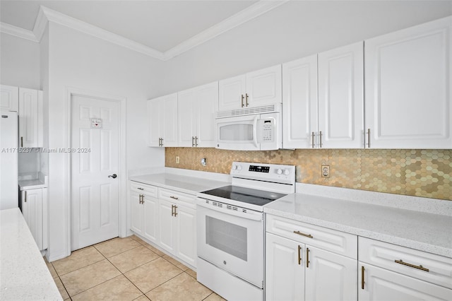 kitchen featuring white cabinets, white appliances, backsplash, and light tile patterned flooring