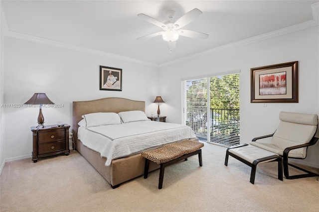 carpeted bedroom with access to exterior, ceiling fan, and ornamental molding