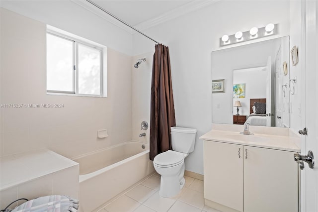 full bathroom with vanity, crown molding, tile patterned flooring, toilet, and shower / tub combo