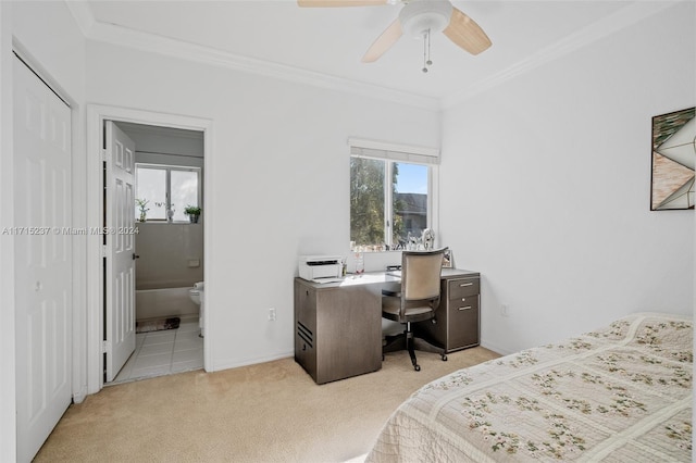 carpeted bedroom featuring multiple windows, ceiling fan, ensuite bathroom, and ornamental molding