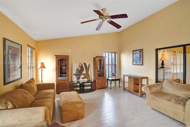 living room featuring ceiling fan