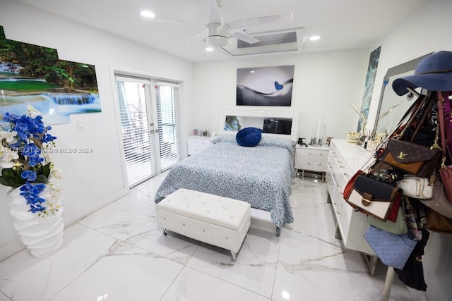 bedroom with french doors and ceiling fan