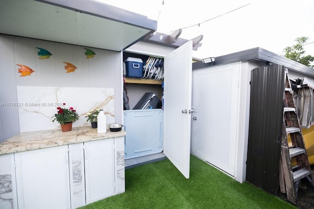 laundry area with dark colored carpet