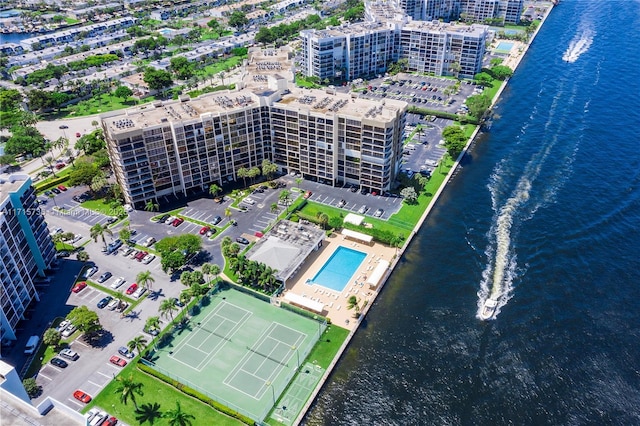 aerial view with a city view and a water view