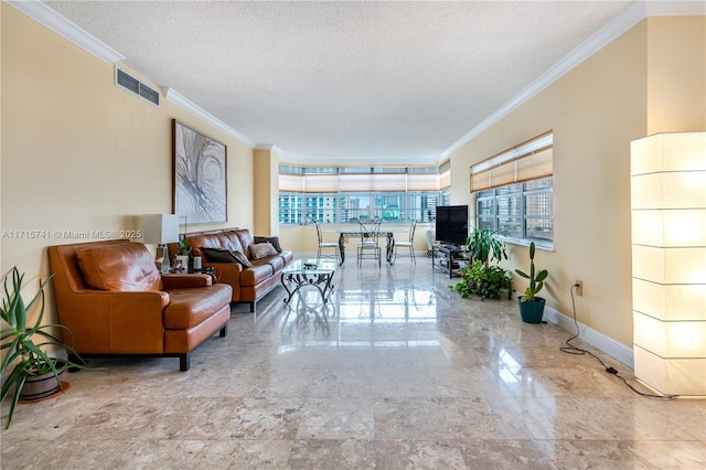 1985 S Ocean Dr Unit 6P, Hallandale Beach, FL 33009 - living room with ornamental molding, a textured ceiling, baseboards, and marble finish flooring