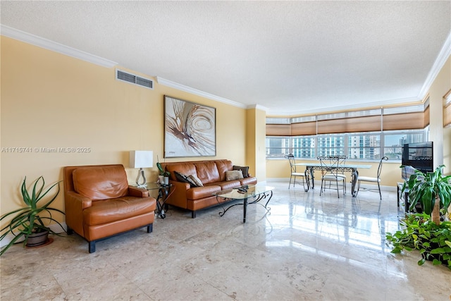 1985 S Ocean Dr Unit 6P, Hallandale Beach, FL 33009 - living room with ornamental molding, a textured ceiling, and baseboards