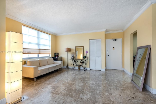 1985 S Ocean Dr Unit 6P, Hallandale Beach, FL 33009 - living area with crown molding, a textured ceiling, and baseboards