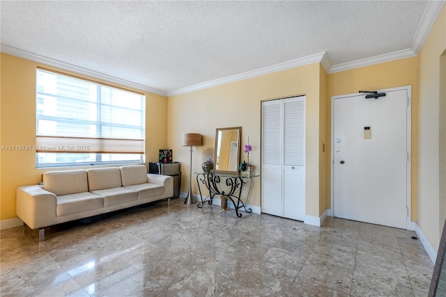 1985 S Ocean Dr Unit 6P, Hallandale Beach, FL 33009 - living area with ornamental molding, a textured ceiling, and baseboards