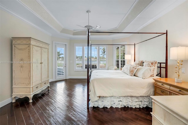 bedroom with a tray ceiling, multiple windows, ceiling fan, and access to outside