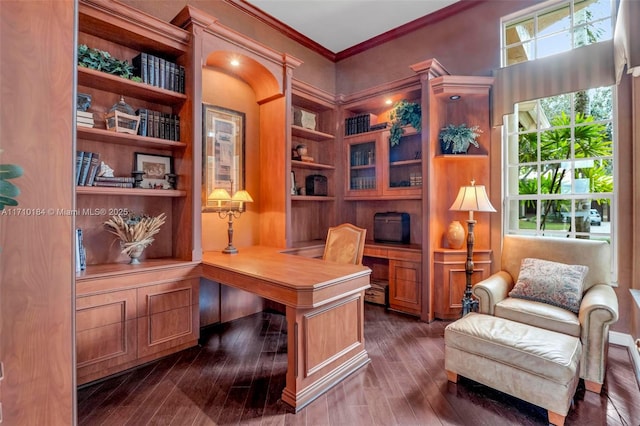 office space with crown molding and dark hardwood / wood-style floors